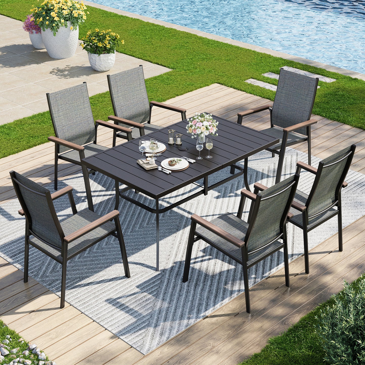Captiva Designs 7pc Patio Dining Set with Rectangular Steel Table & Aluminum Frame Textilene Chairs