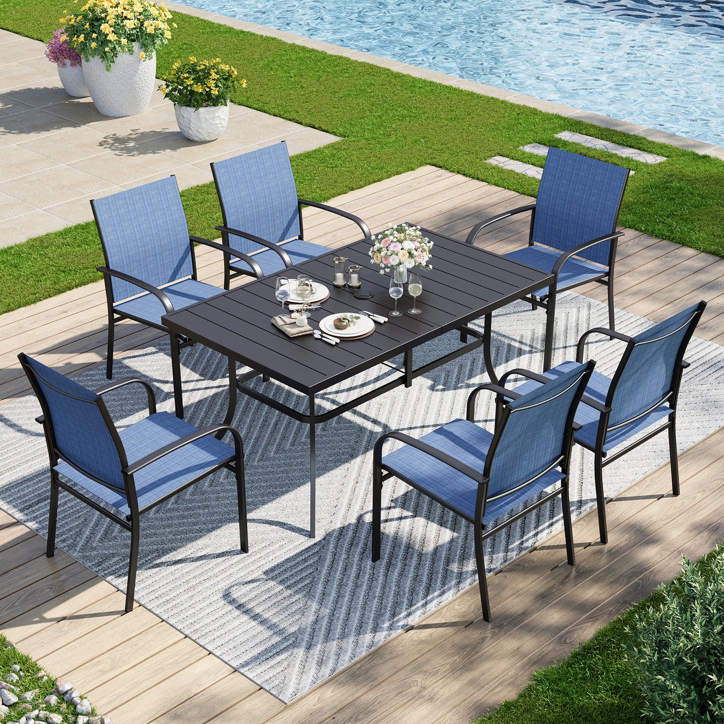 Captiva Designs 7pc Patio Dining Set with Slat-top Rectangle Table & Sling Fixed Dining Chairs