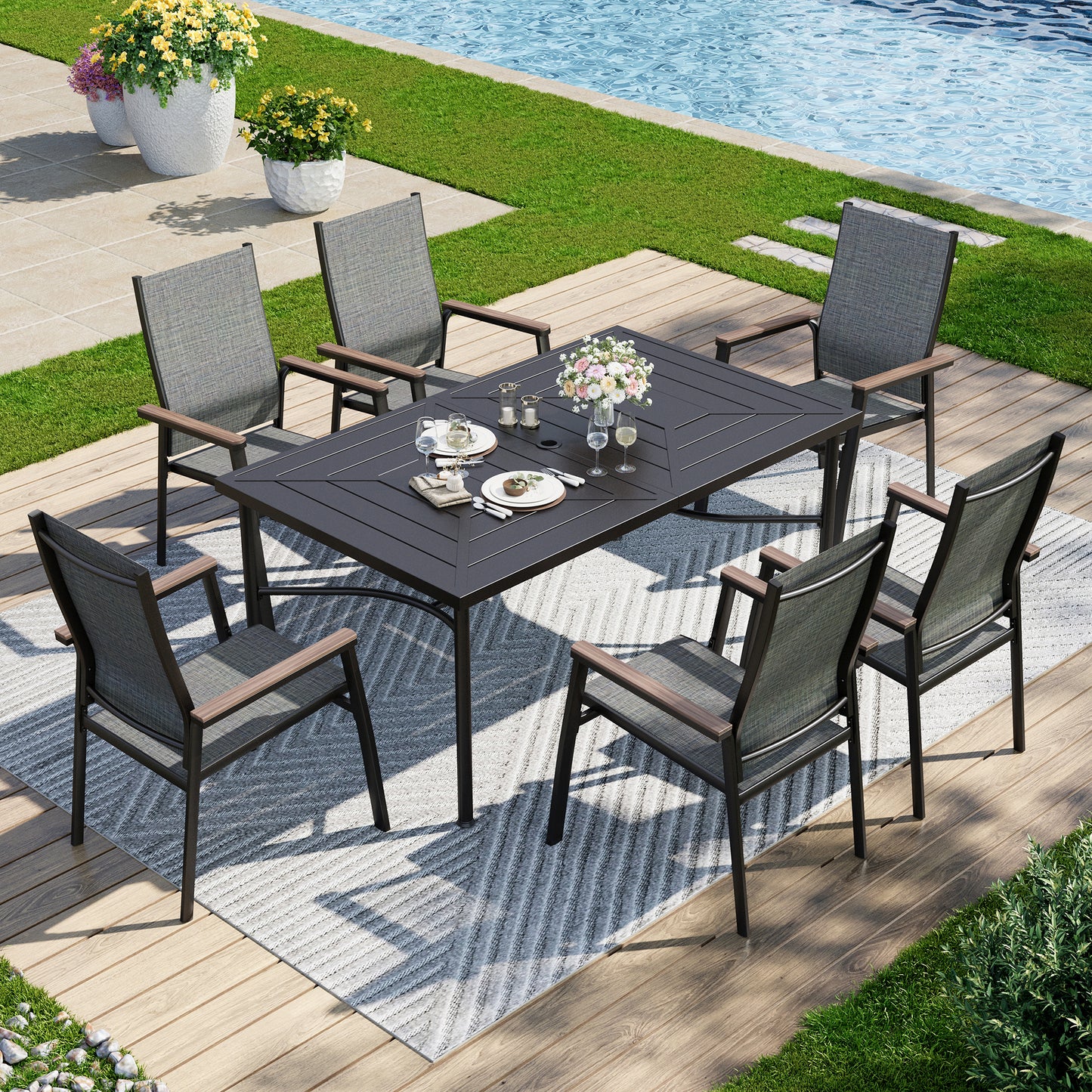 Captiva Designs 7pc Patio Dining Set with Geometric Pattern Rectangle Table & Sling Chairs with Wood-look Armrest