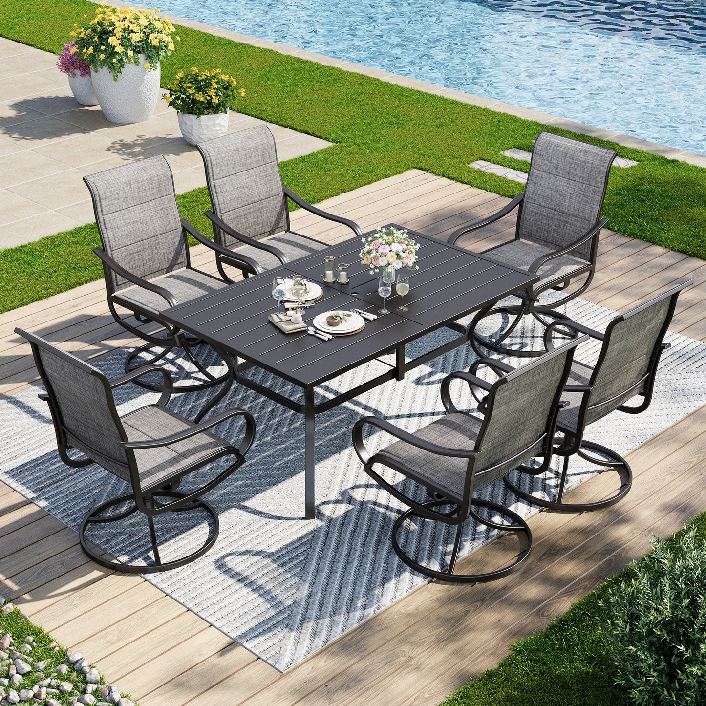 Captiva Designs 7pc Outdoor Black Dining Steel Table & Grayish Brown Padded Textilene Swivel Chairs
