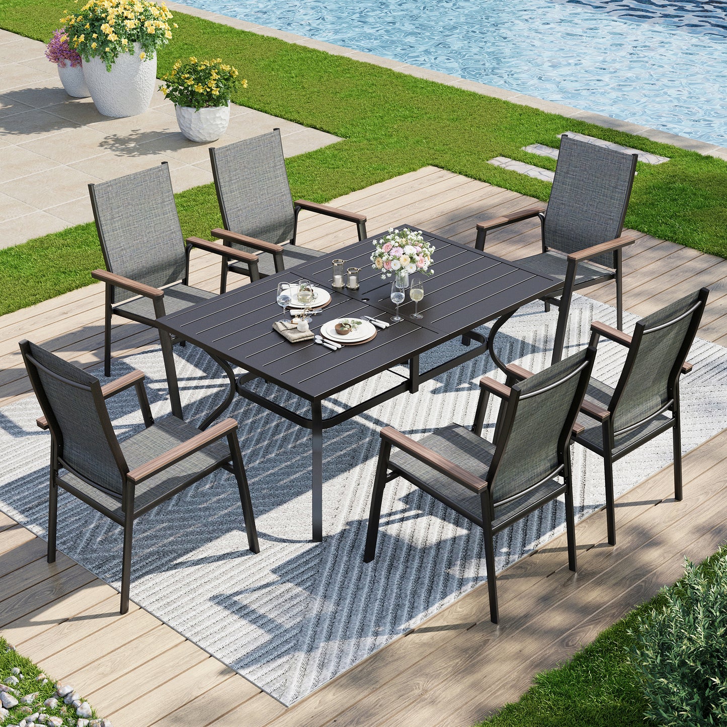 Captiva Designs 7pc Patio Dining Slat-top Rectangle Table & Textilene Chairs with Wood-like Armrests