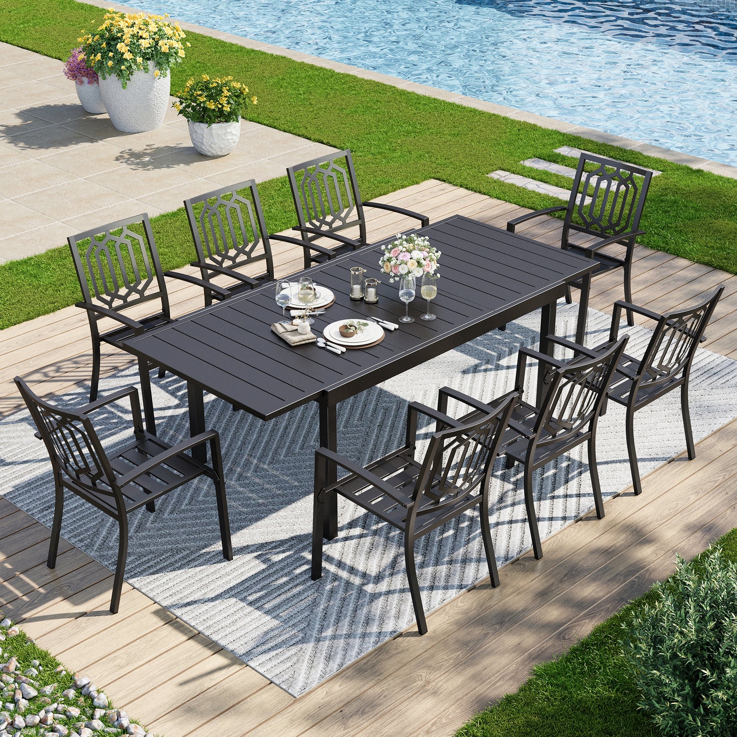 Captiva Designs 9pc Outdoor Patio Adjustable Steel Rectangle Dining Table & Metal Stackable Chairs