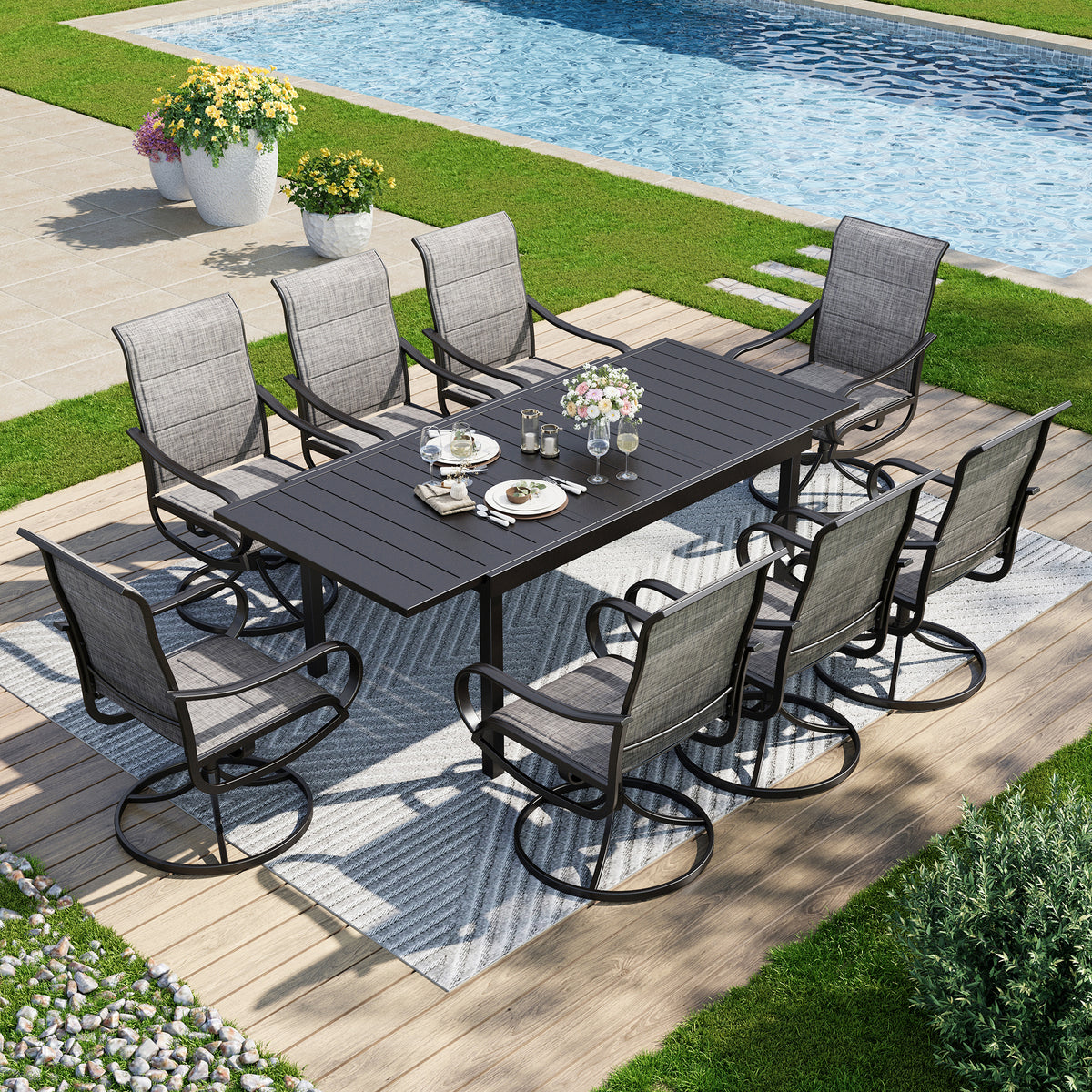 Captiva Designs 9pc Patio Dining Slatted Tabletop Steel Rectangle Table & Padded Sling Swivel Chairs