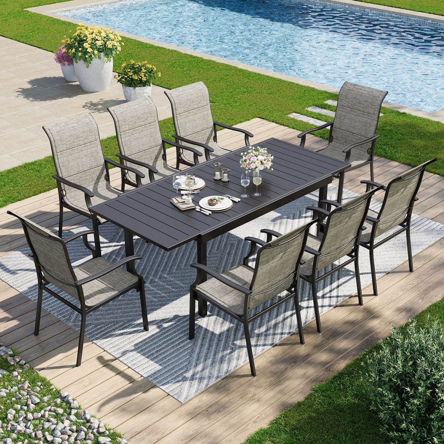 Captiva Designs 9pc Patio Spacious Black Steel Dining Table & High Back Padded Grayish Brown Sling Armrest Chairs