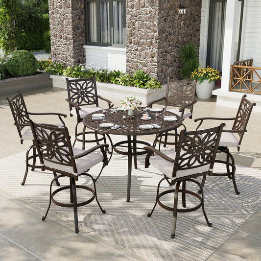 Captiva Designs 7pc Cast Aluminum Bar Height Patio Dining Set with Round Table with Umbrella Hole & Swivel Stools