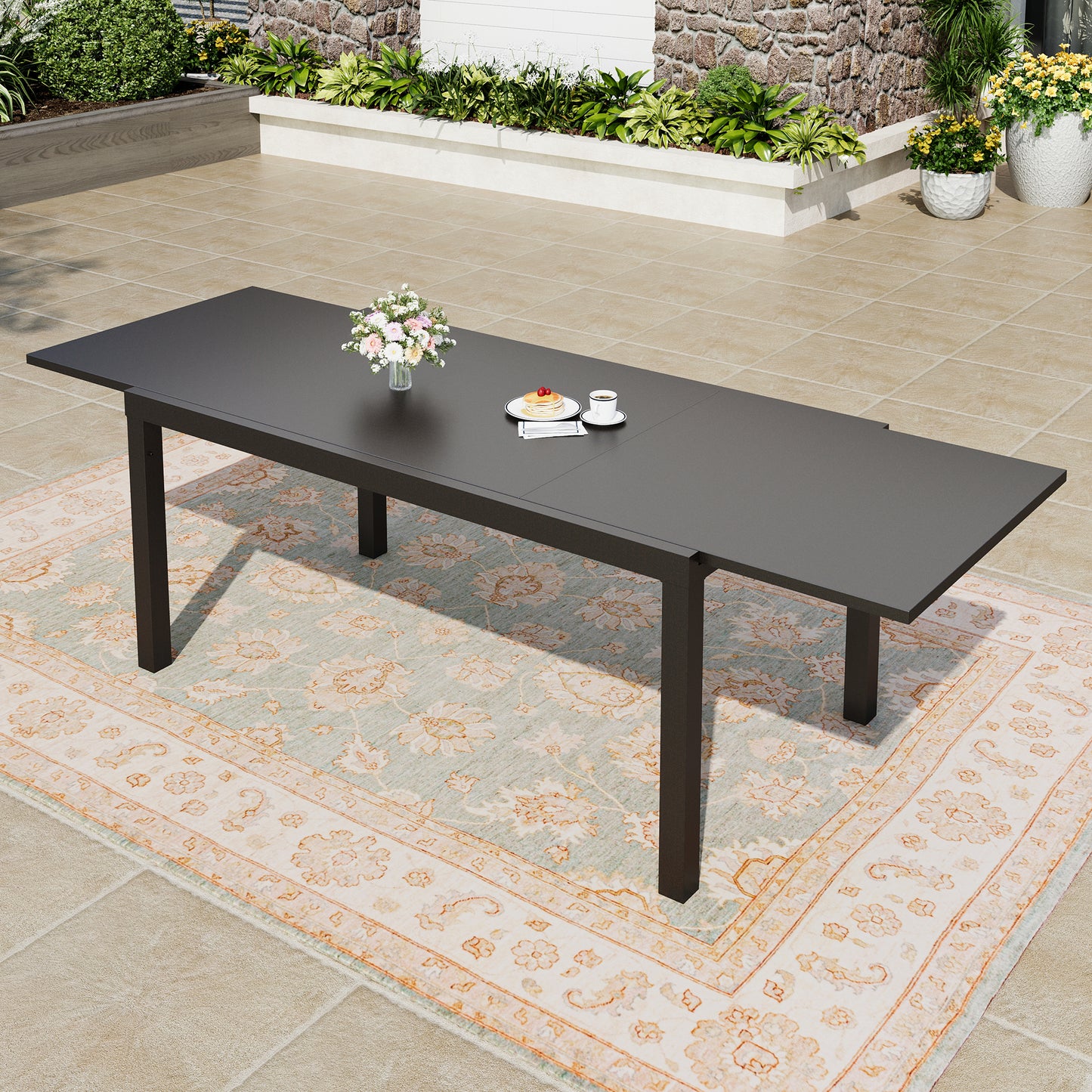 Captiva Designs 1pc Outdoor Patio Rectangular Steel Dining Table with Two Tabletop Leaves