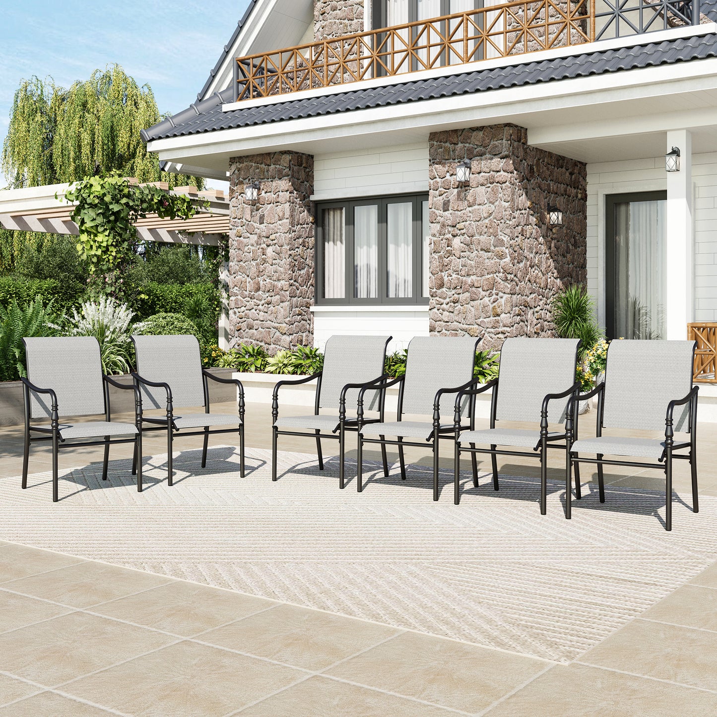 Captiva Designs Outdoor Dining Gray Sling Chairs with Gourd Head Armrests