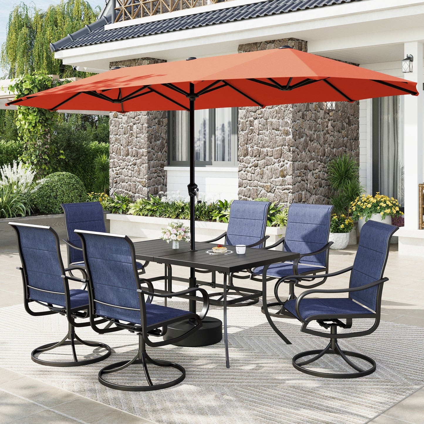 Captiva Designs 8pc Patio Dining Set with Rectangular steel table & Padded Sling Swivel Chairs & Market Umbrella