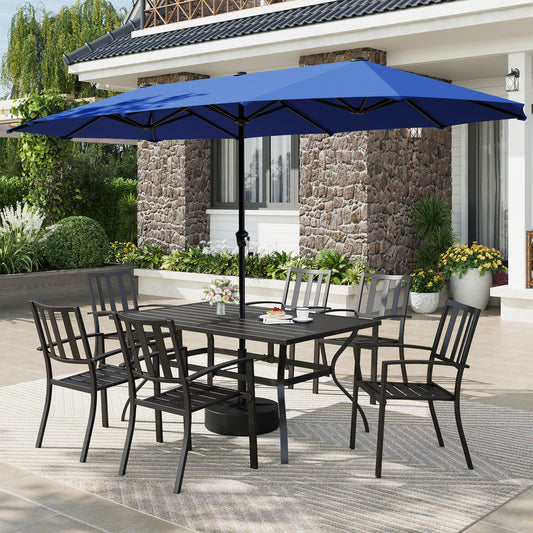 Captiva Designs 8pc Outdoor Slat-top Rectangle Steel Dining Table & Metal Stackable Chairs  & 13ft Blue Umbrella