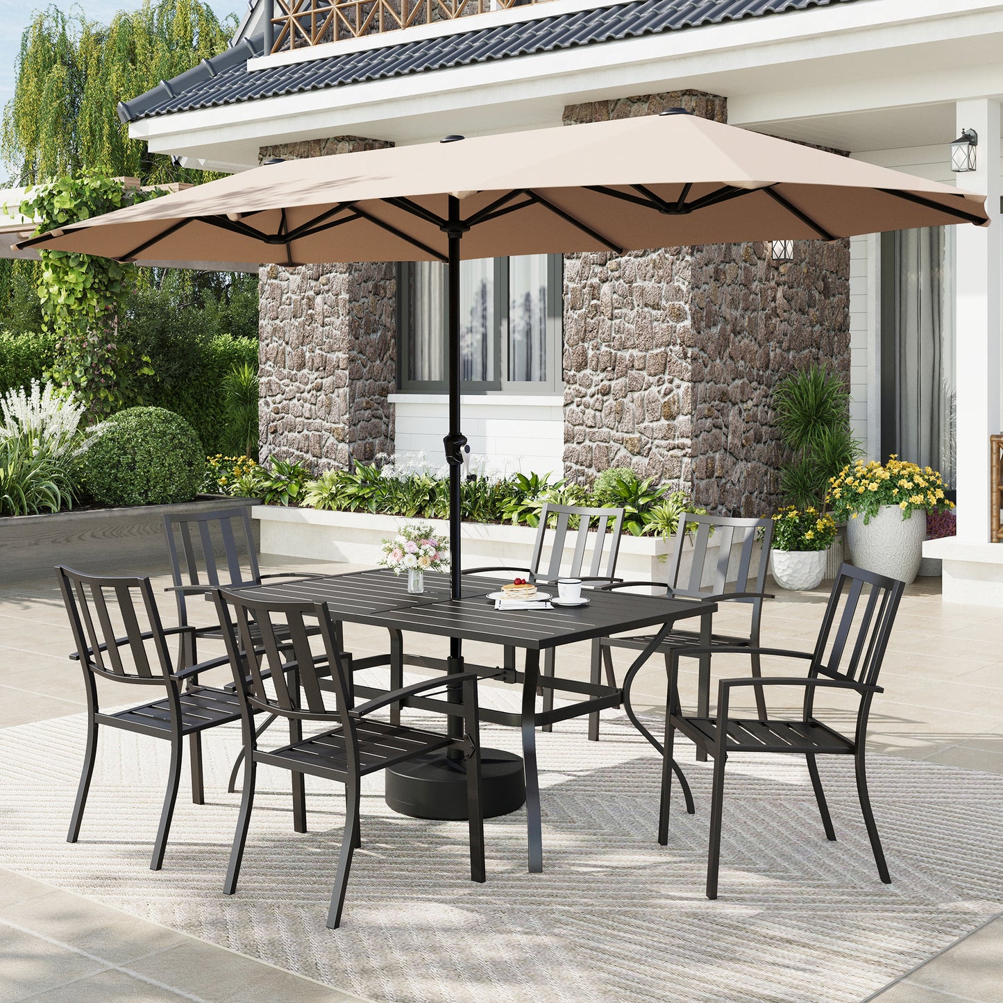 Captiva Designs 8pc Patio Slat-top Rectangle Steel Dining Table & Metal Stackable Chairs  & 13ft Large Umbrella