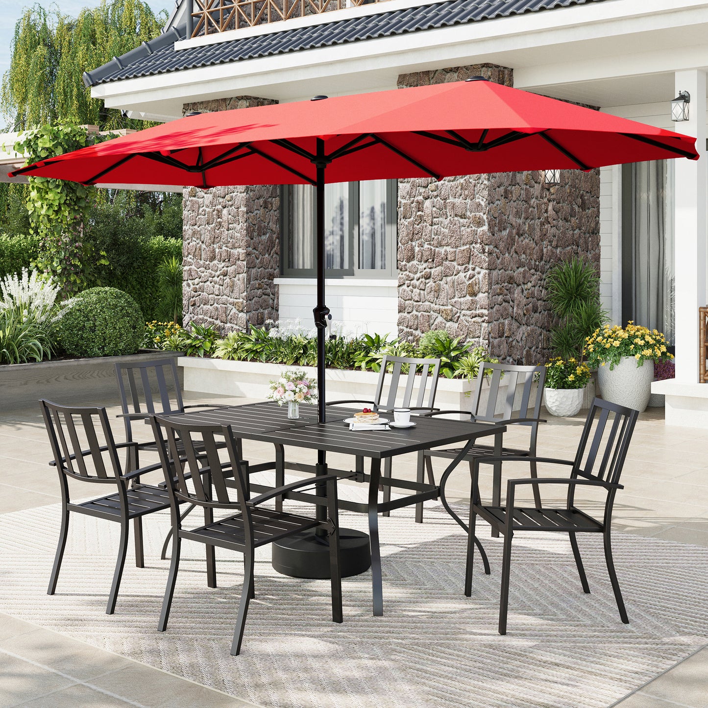 Captiva Designs 8pc Patio Slat-top Rectangle Steel Dining Table & Metal Stackable Chairs  & 13ft Large Umbrella
