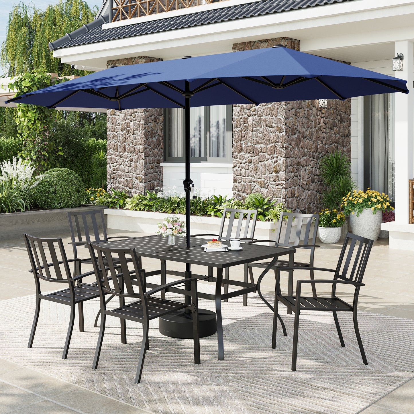 Captiva Designs 8pc Patio Slat-top Rectangle Steel Table & Metal Stackable Chairs  & 13ft Large Umbrella