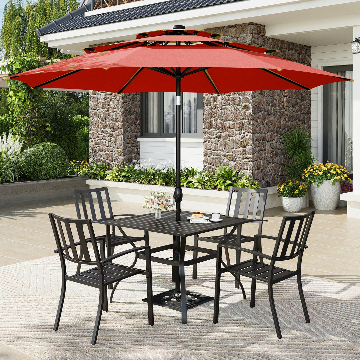 Captiva Designs 6pc Patio Square Dining Table & Stackable Fixed Chairs & 10ft 3 Tier Auto-tilt Umbrella