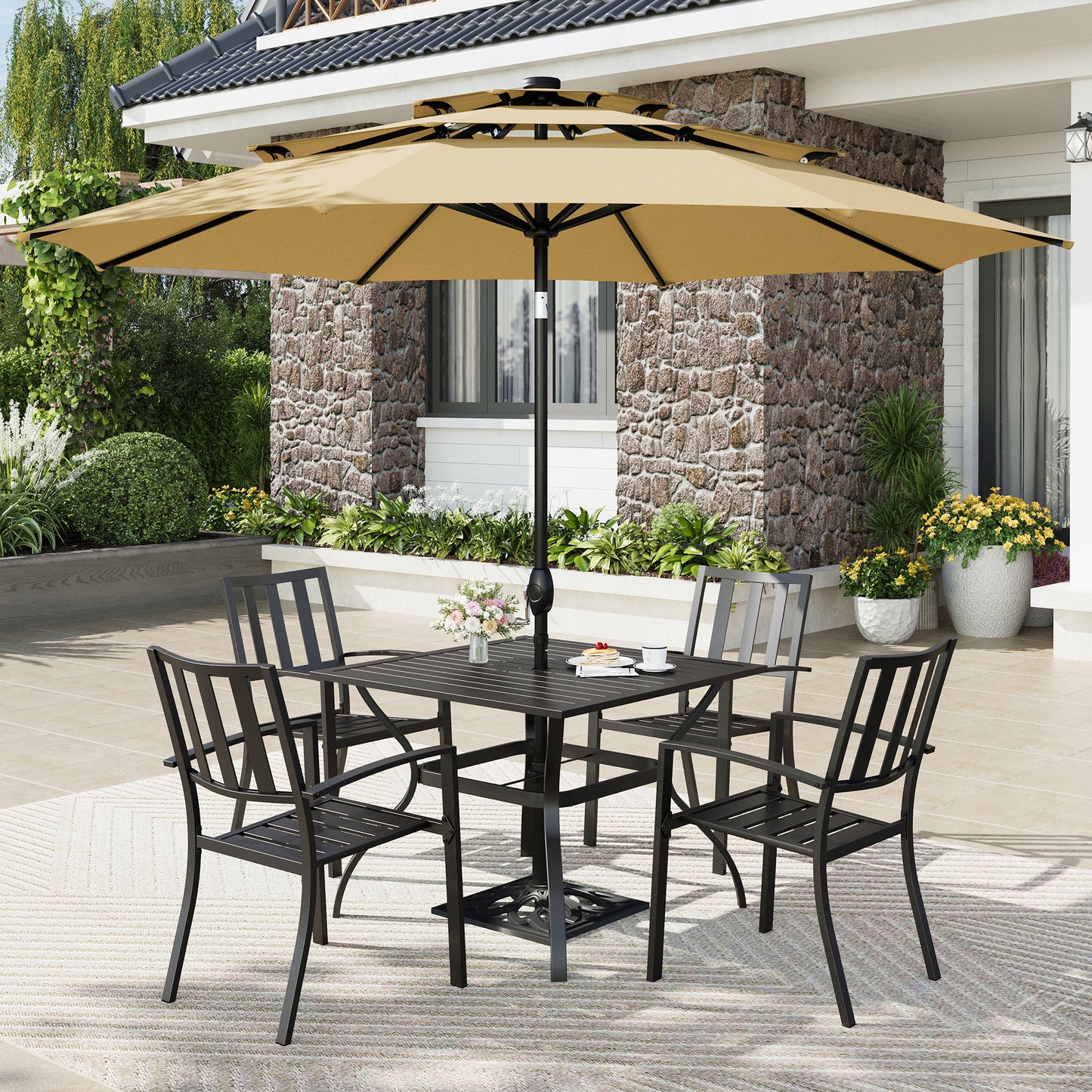 Captiva Designs 6pc Patio Square Dining Table & Stackable Fixed Chairs & 10ft 3 Tier Auto-tilt Umbrella