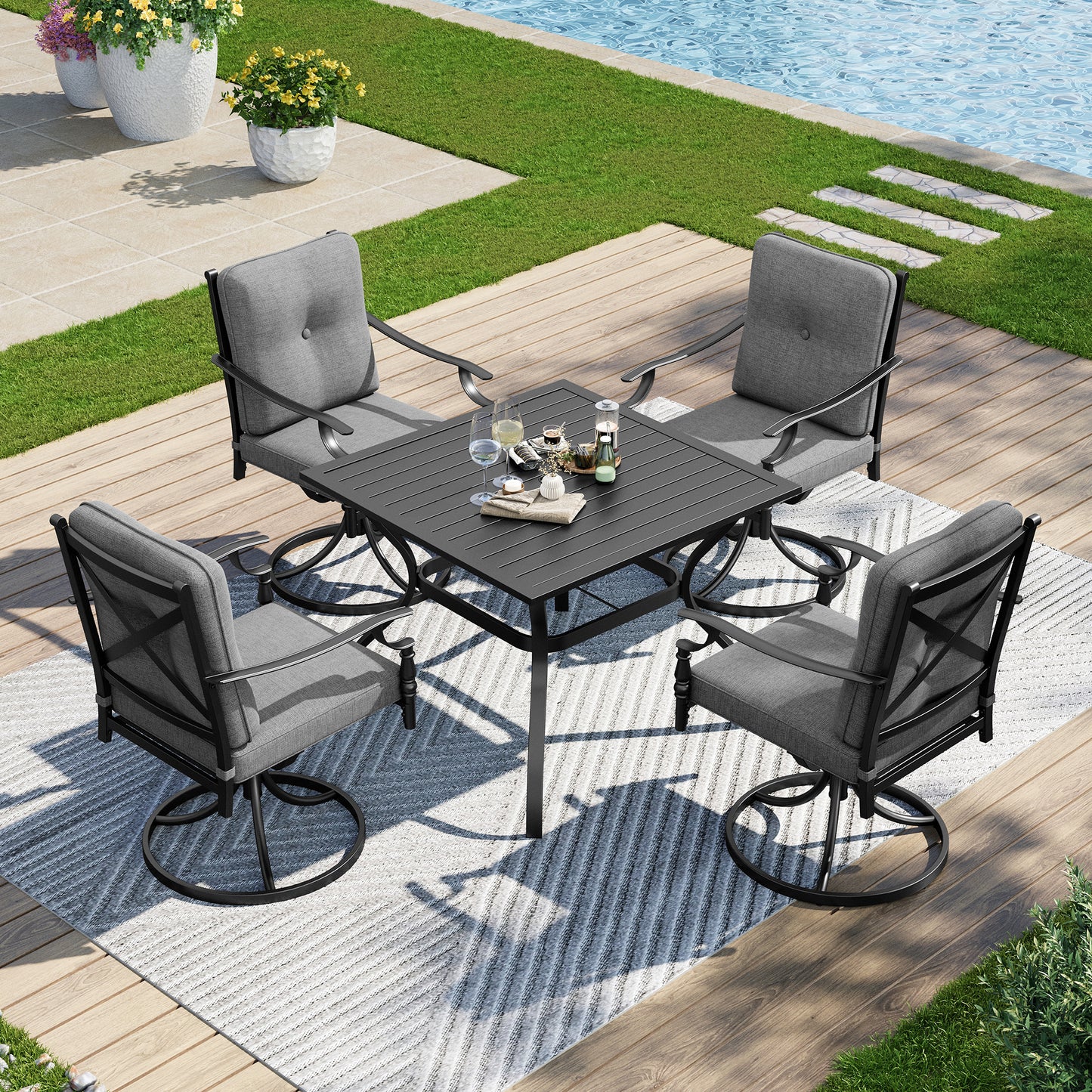 Captiva Designs Patio Dining Set with Slat-top Steel Table & Metal Chairs with Cushions