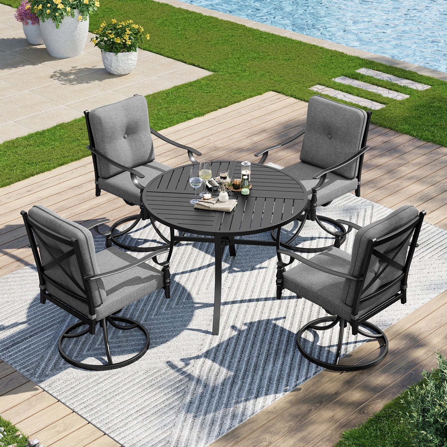 Captiva Designs Patio Dining Set with Slat-top Steel Table & Metal Chairs with Cushions