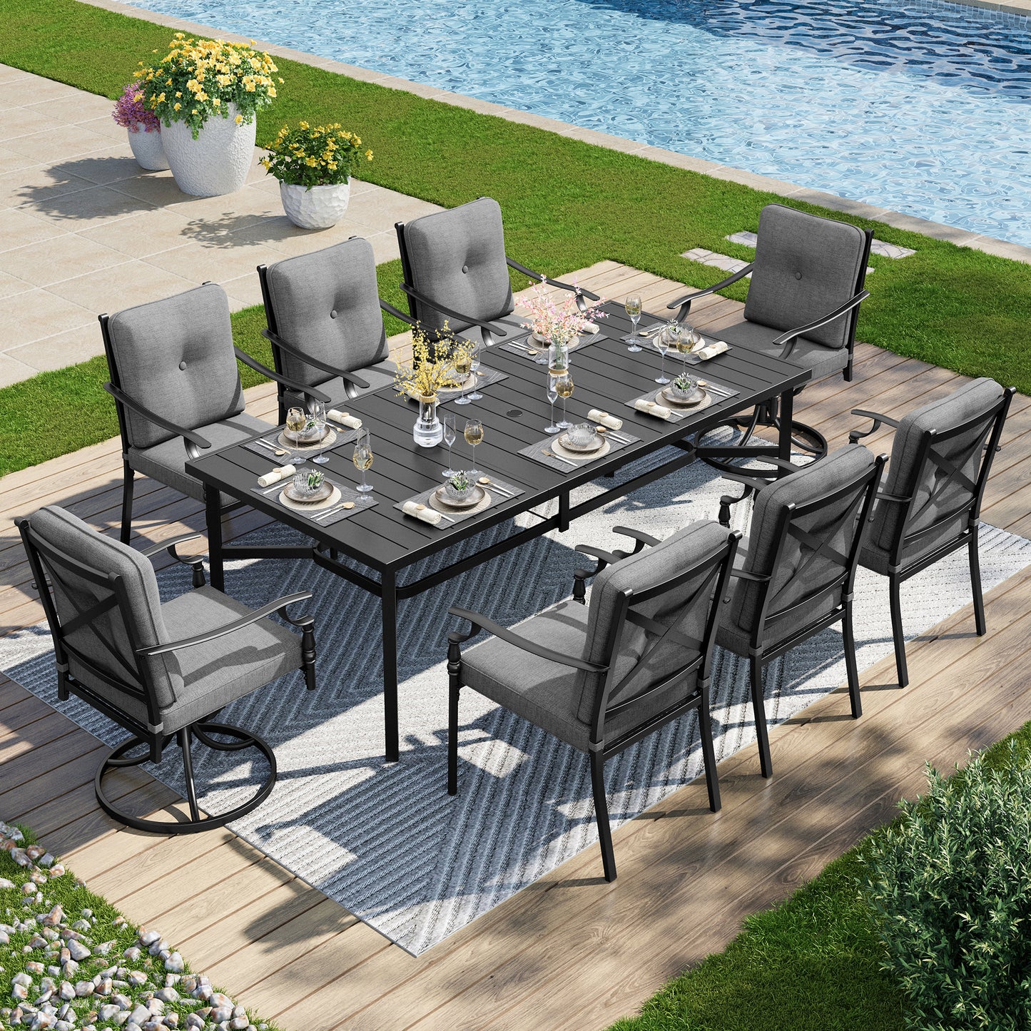 Captiva Designs Patio Dining Set with Slat-top Steel Table & Metal Chairs with Cushions