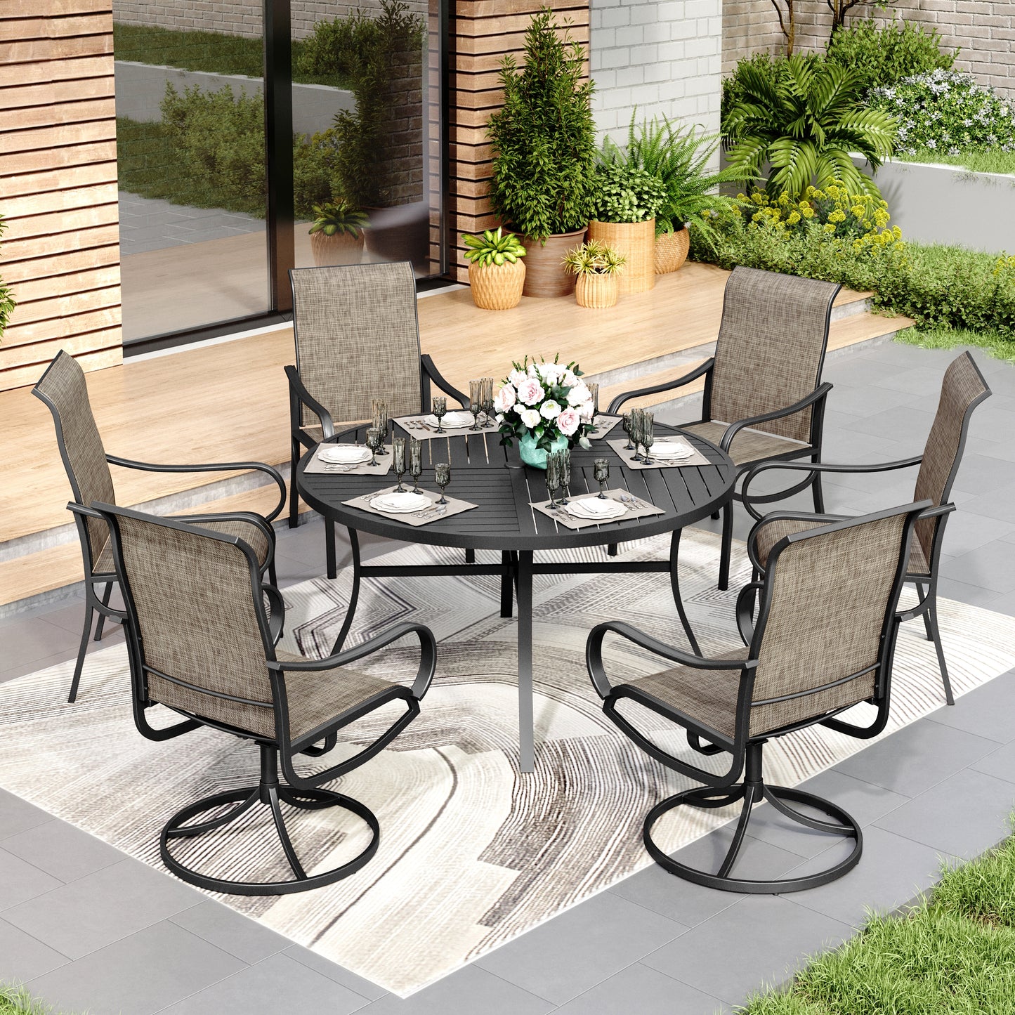 Captiva Designs 7pc Patio Dining Slat-top Rectangle Table & Breathable Quick-dry Sling Chairs