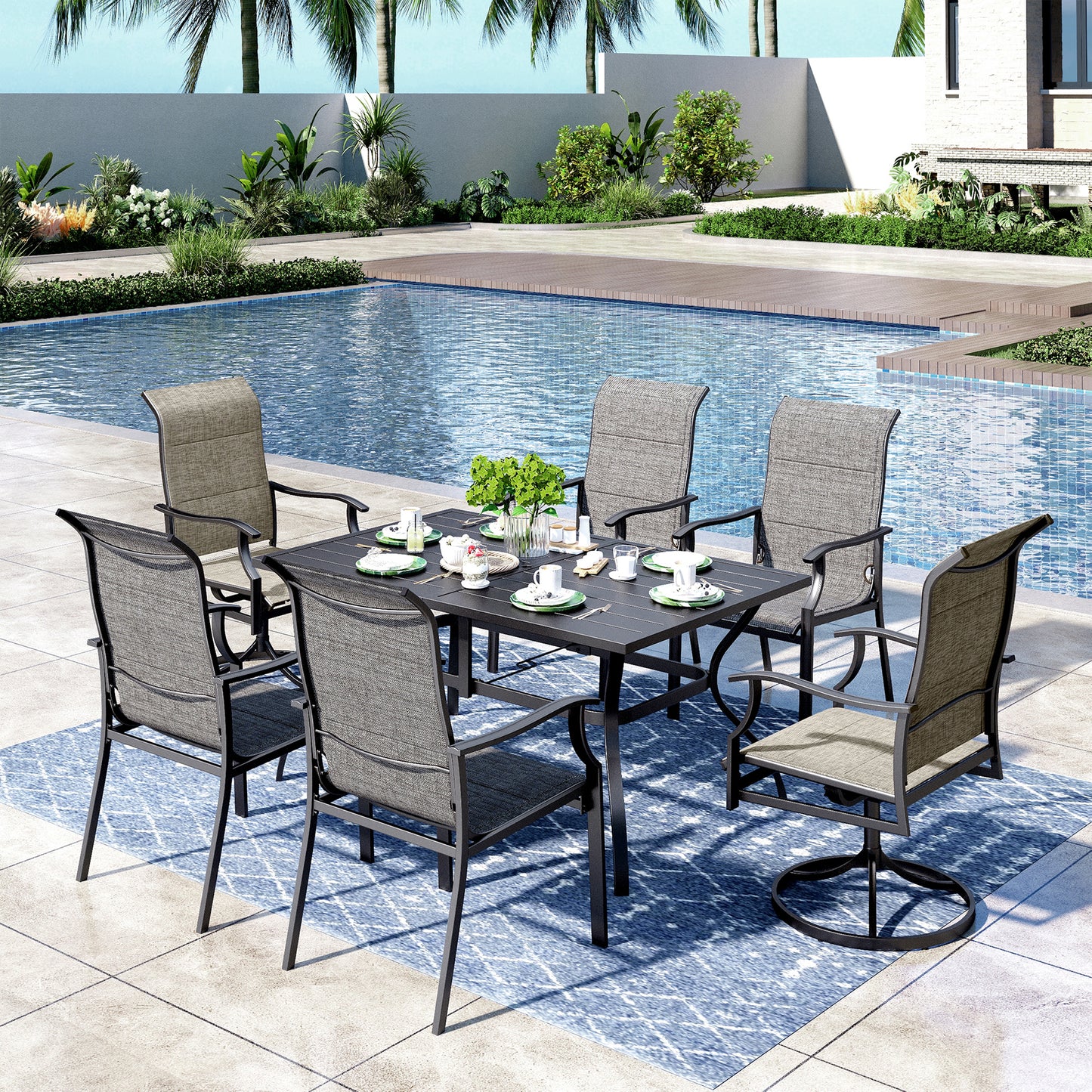 Captiva Designs 7pc Outdoor Dining Metal Rectangle Table with Umbrella Hole & Padded Sling Chairs