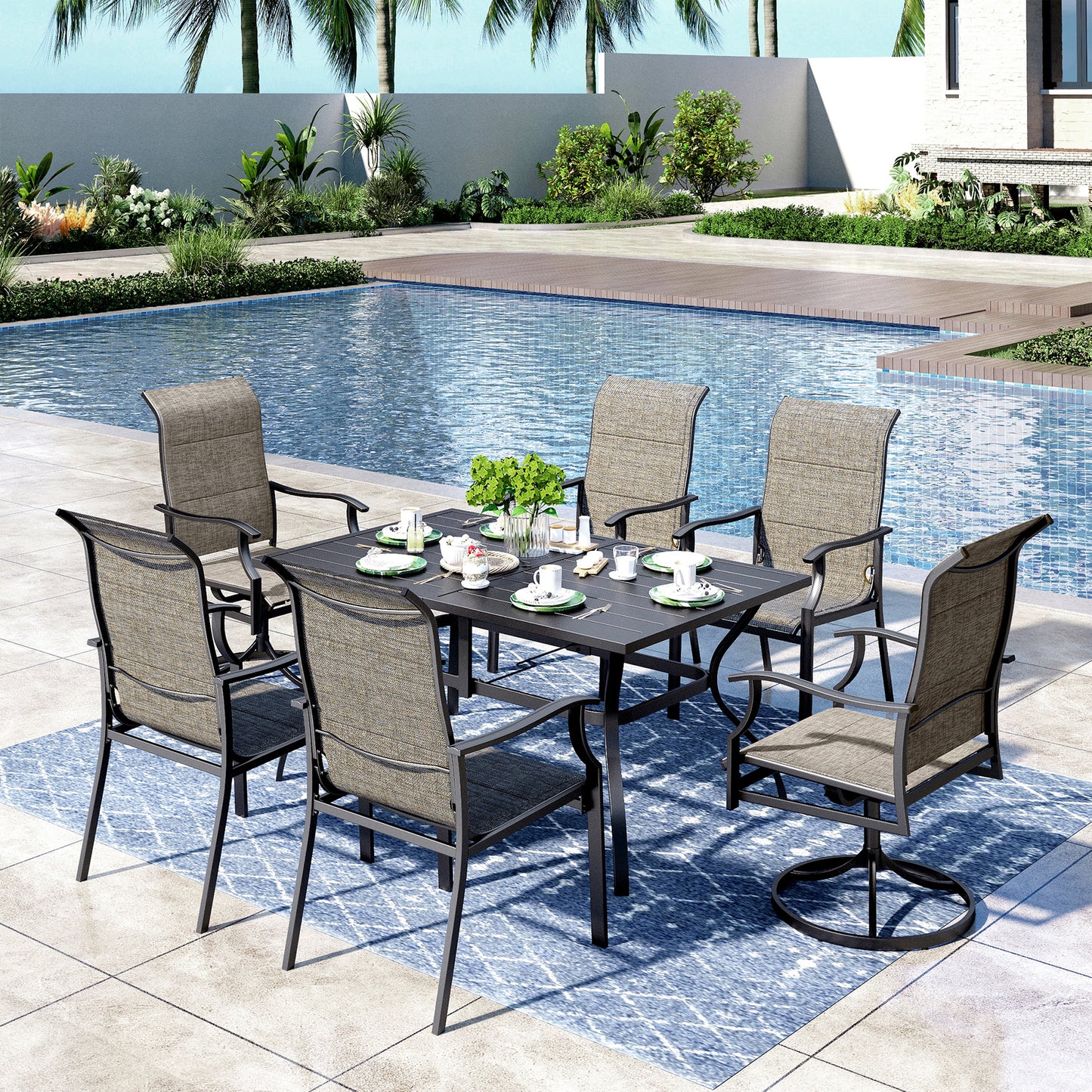Captiva Designs 7pc Outdoor Dining Metal Rectangle Table with Umbrella Hole & Padded Sling Chairs