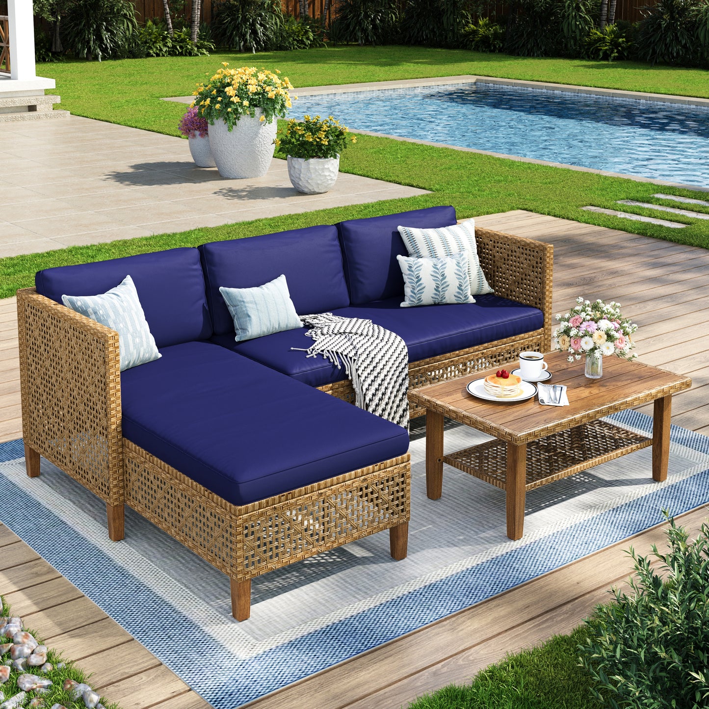 Captiva Designs 3pc Outdoor Patio Bohemian Wicker Conversation Set with Coffee Table