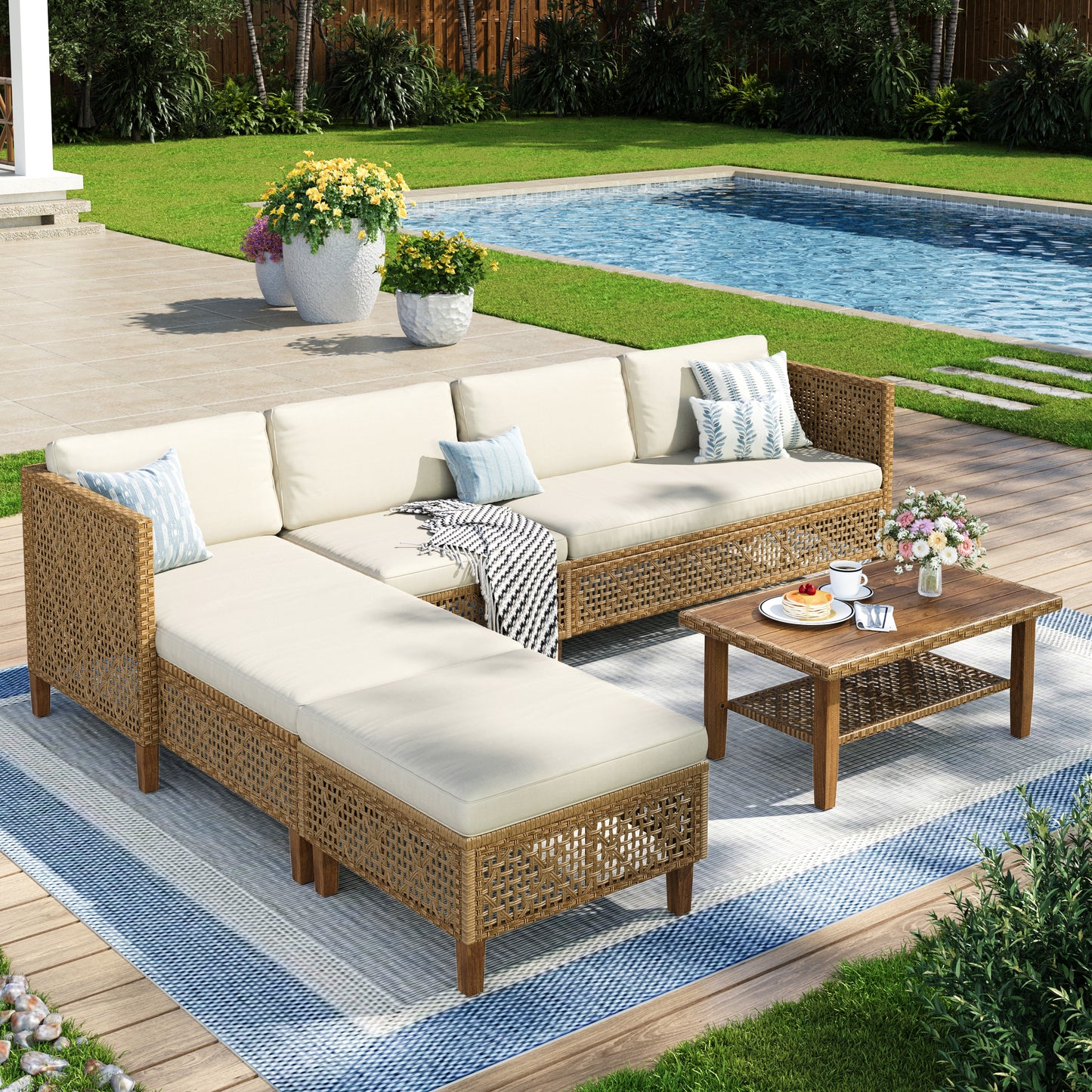 Captiva Designs Wicker Rattan Patio Furniture Sectional Sofas Conversation Set with Ottoman and Cushions