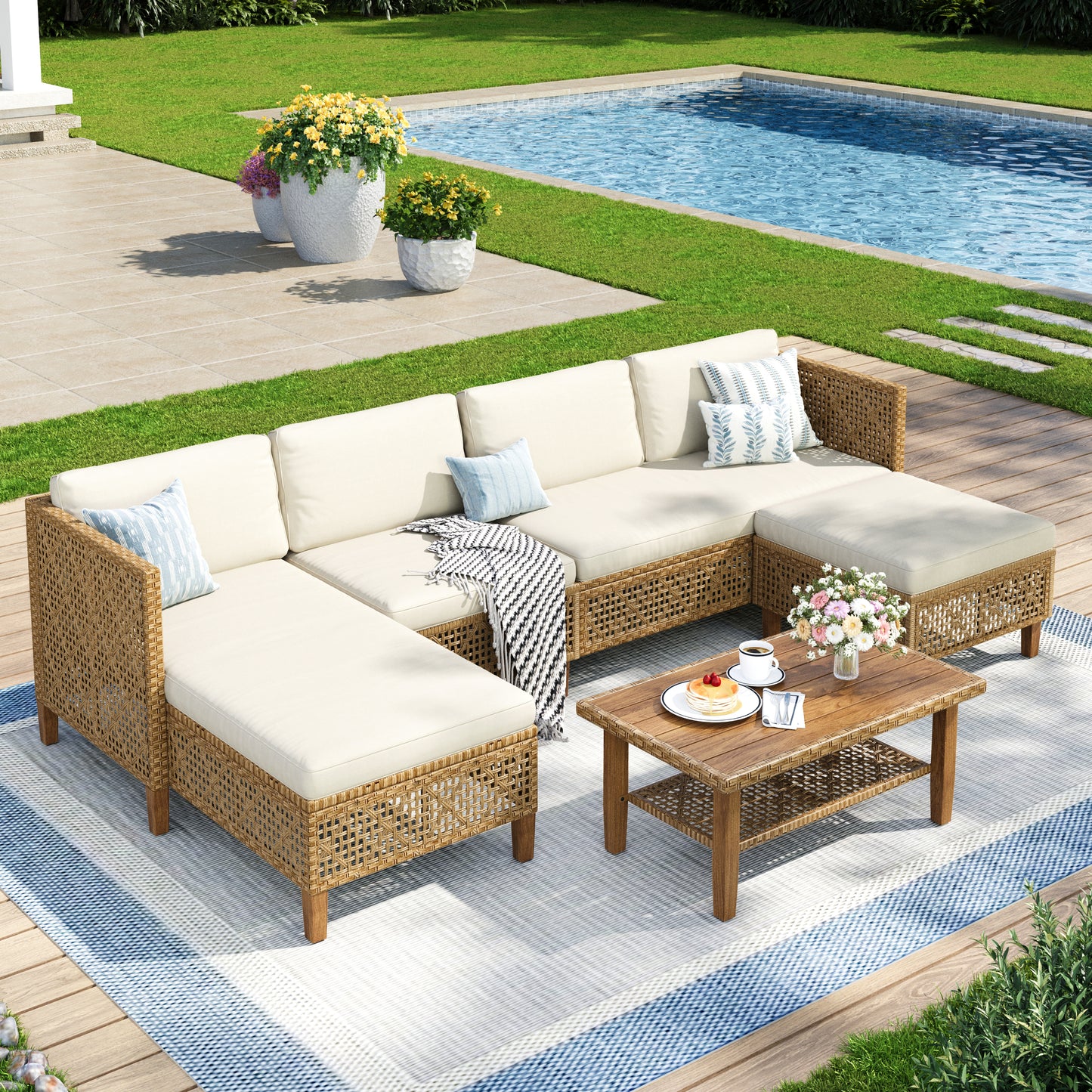 Captiva Designs Wicker Rattan Patio Furniture Sectional Sofas Conversation Set with Ottoman and Cushions