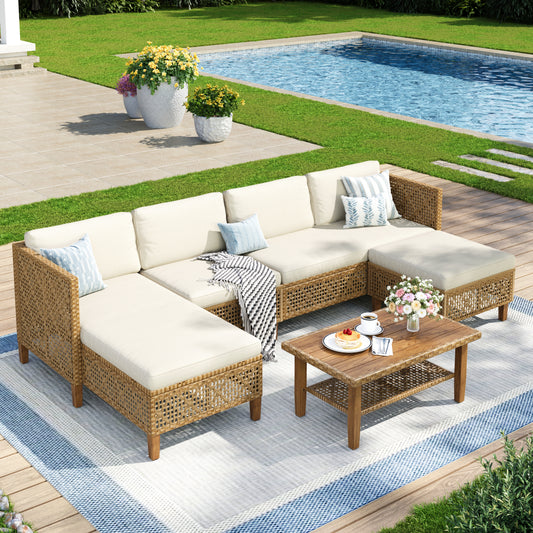Captiva Designs Wicker Rattan Patio Furniture Sectional Sofas Conversation Set with Ottoman and Cushions
