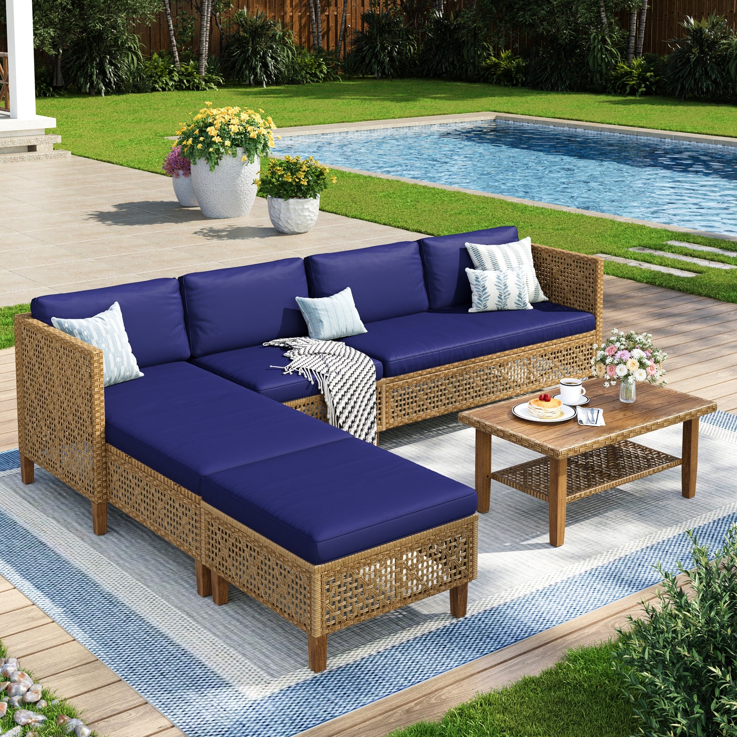 Captiva Designs Wicker Rattan Patio Furniture Sectional Sofas Conversation Set with Ottoman and Cushions
