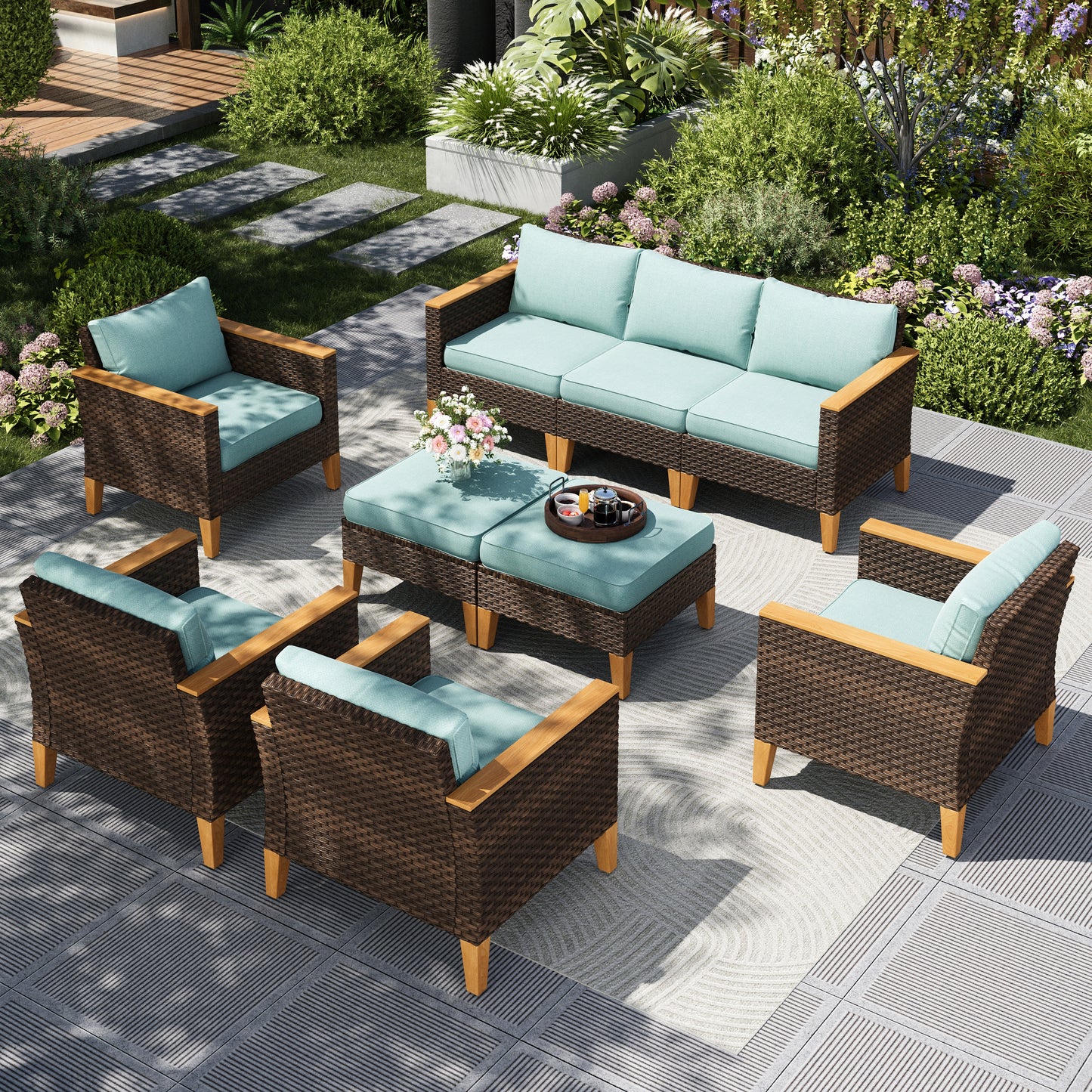 Captiva Designs 9-Piece Outdoor Patio Wicker Conversation Sofa Set withThick Cushions for Deck, Yard, and Poolside