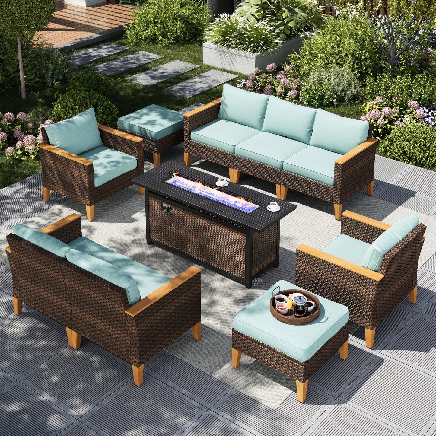 Captiva Designs 10pc Wicker Outdoor Patio Rattan Sectional Conversation Sofa Set with Fire Pit Table and Cushioned Ottoman