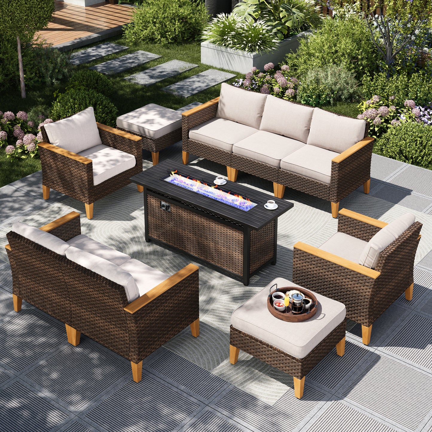 Captiva Designs 10pc Wicker Outdoor Patio Rattan Sectional Conversation Sofa Set with Fire Pit Table and Cushioned Ottoman