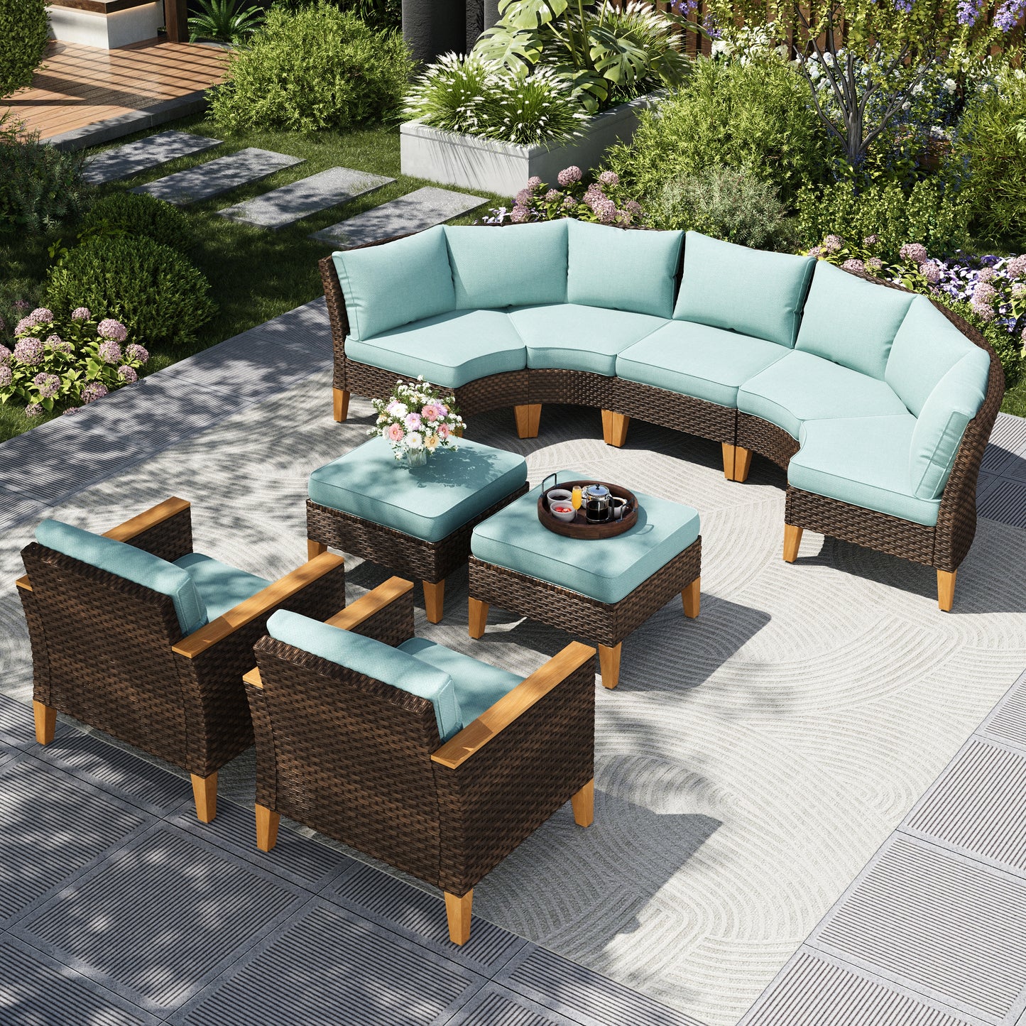 Captiva Designs 9pc Outdoor Wicker Rattan Patio Half-Moon Curved Sectional Sofa Conversation Set with Cushioned Ottoman