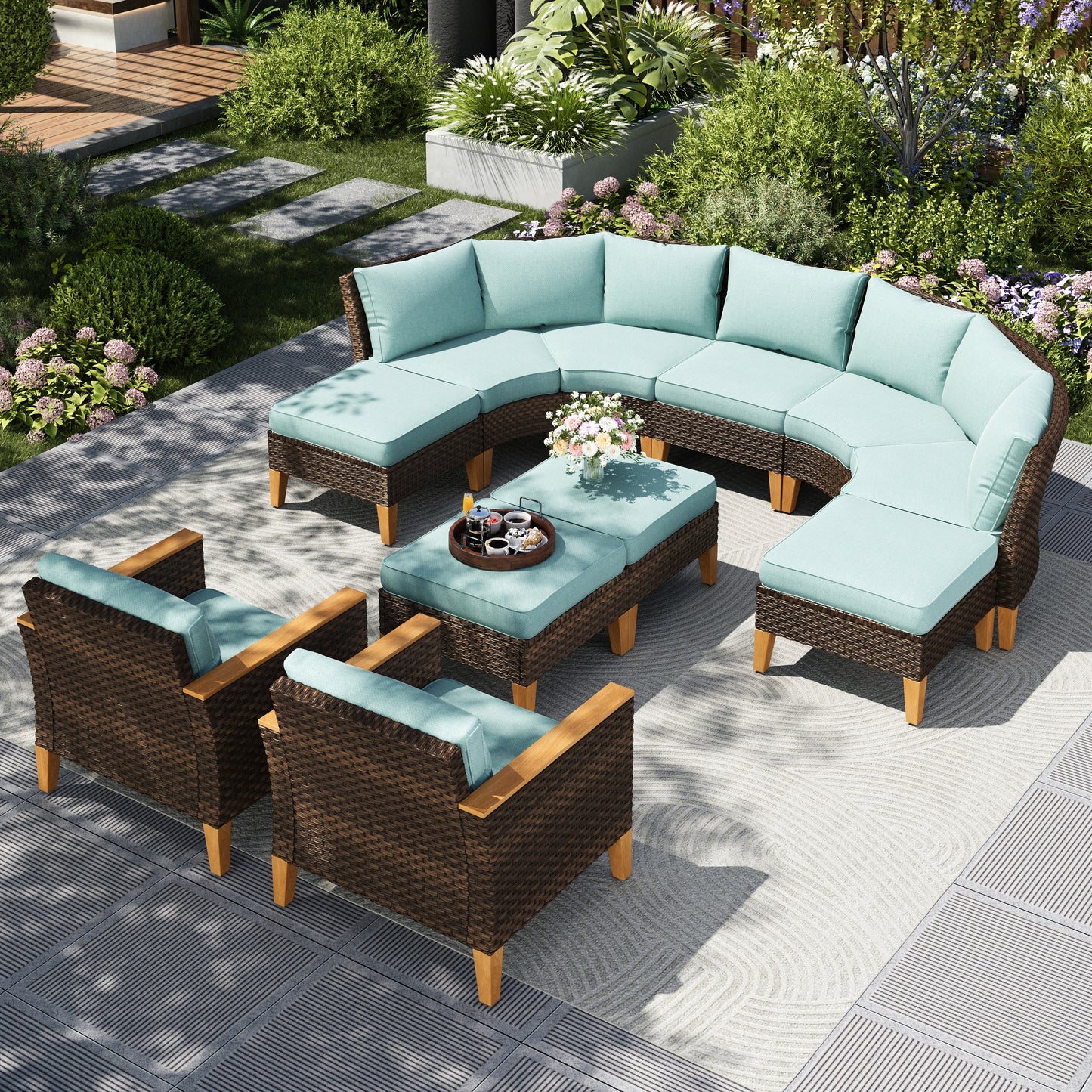 Captiva Designs 11pc Outdoor Wicker Rattan Patio Half-Moon Curved Sectional Sofa Conversation Set with Cushioned Ottoman