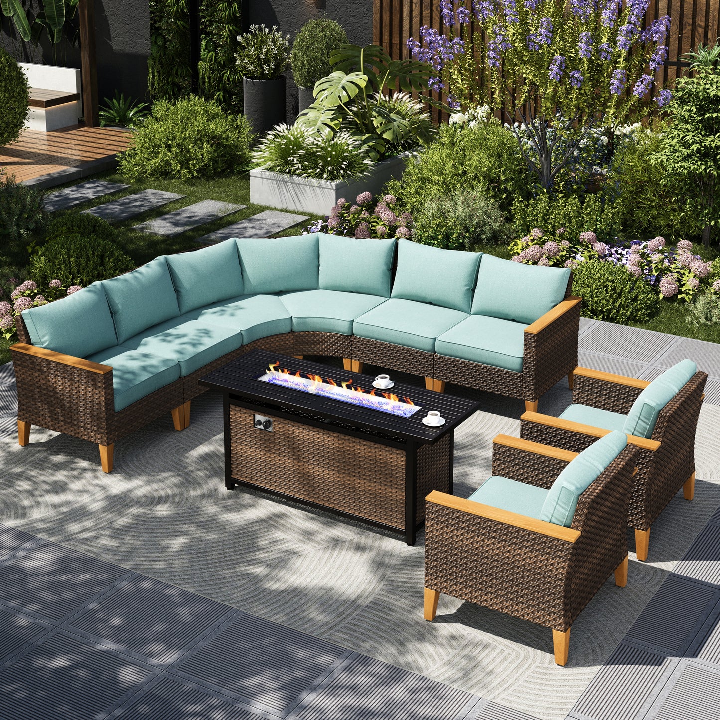Captiva Designs 9pc Outdoor Wicker Rattan Patio Half-Moon Curved Sectional Sofa Conversation Set with  Fire Pit Table