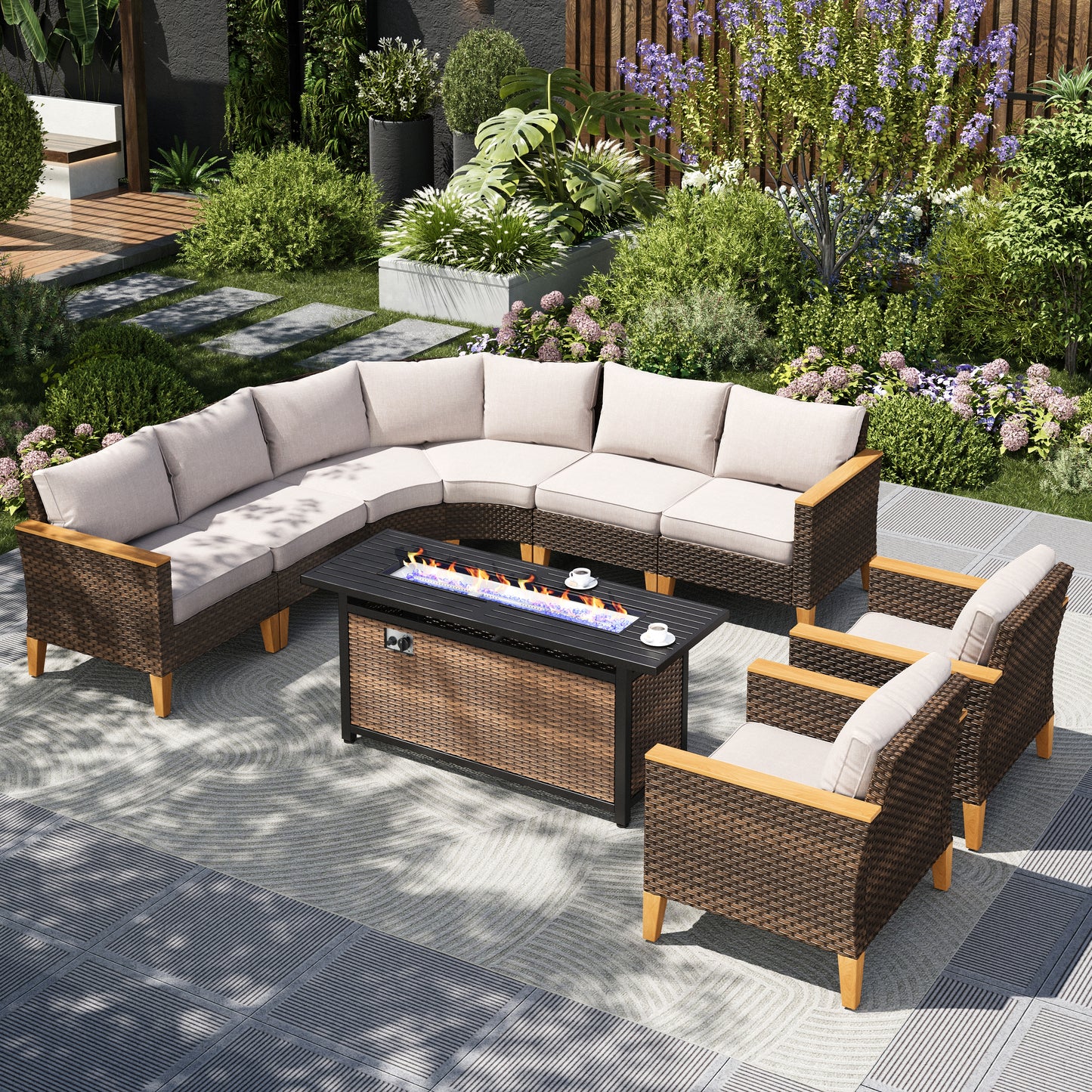 Captiva Designs 9pc Outdoor Wicker Rattan Patio Half-Moon Curved Sectional Sofa Conversation Set with  Fire Pit Table