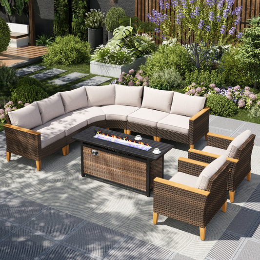 Captiva Designs 9pc Outdoor Wicker Rattan Patio Half-Moon Curved Sectional Sofa Conversation Set with  Fire Pit Table