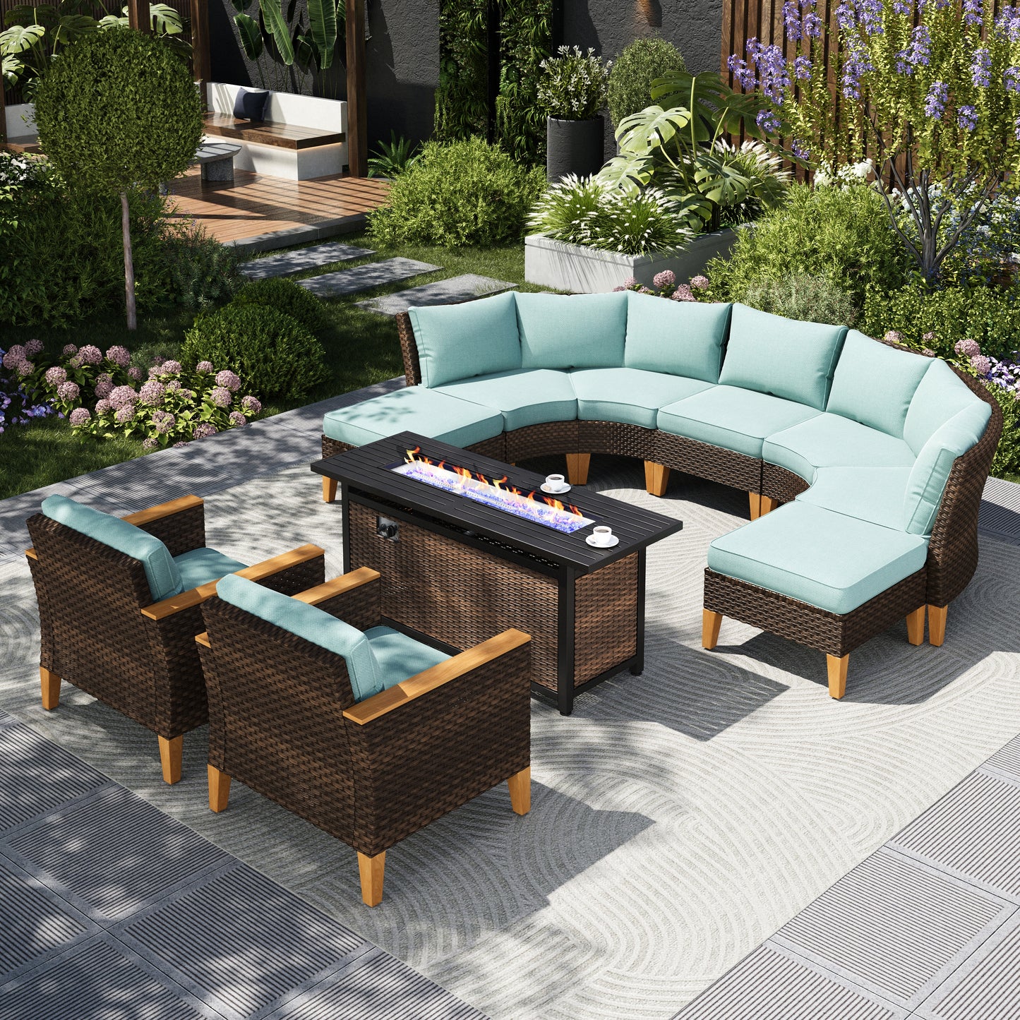 Captiva Designs 10pc Outdoor Wicker Rattan Patio Half-Moon Curved Sectional Sofa Conversation Set with  Fire Pit Table
