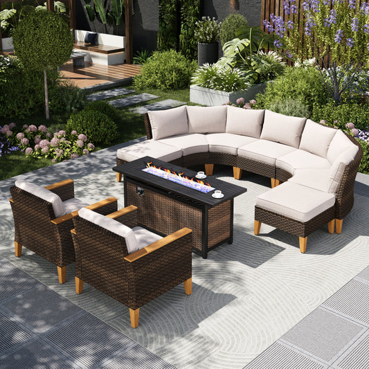 Captiva Designs 10pc Outdoor Wicker Rattan Patio Half-Moon Curved Sectional Sofa Conversation Set with  Fire Pit Table