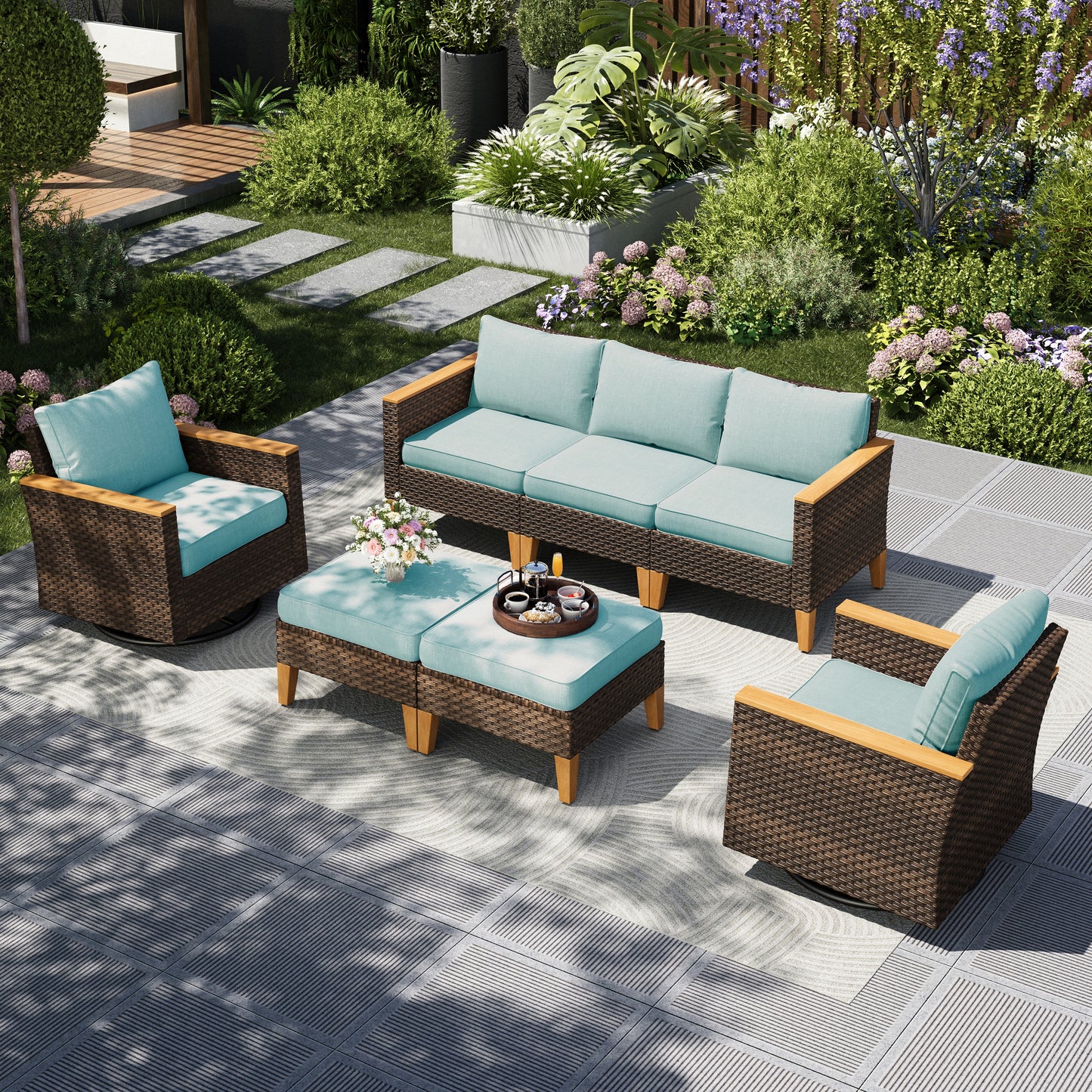 Captiva Designs 7pc Wicker Outdoor Patio Rattan Sectional Conversation Set with Cushioned Ottoman
