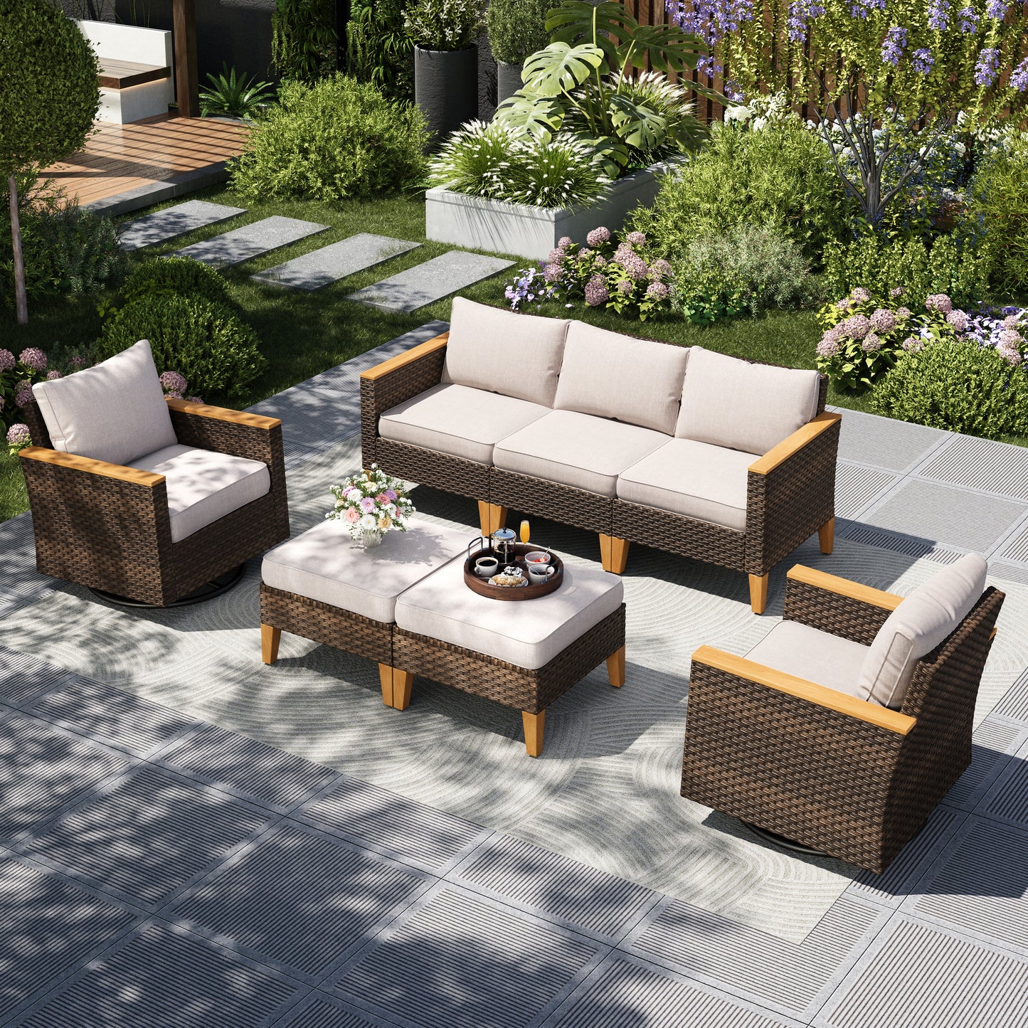 Captiva Designs 7 件套柳条户外露台藤条组合会客套装，带软垫脚凳