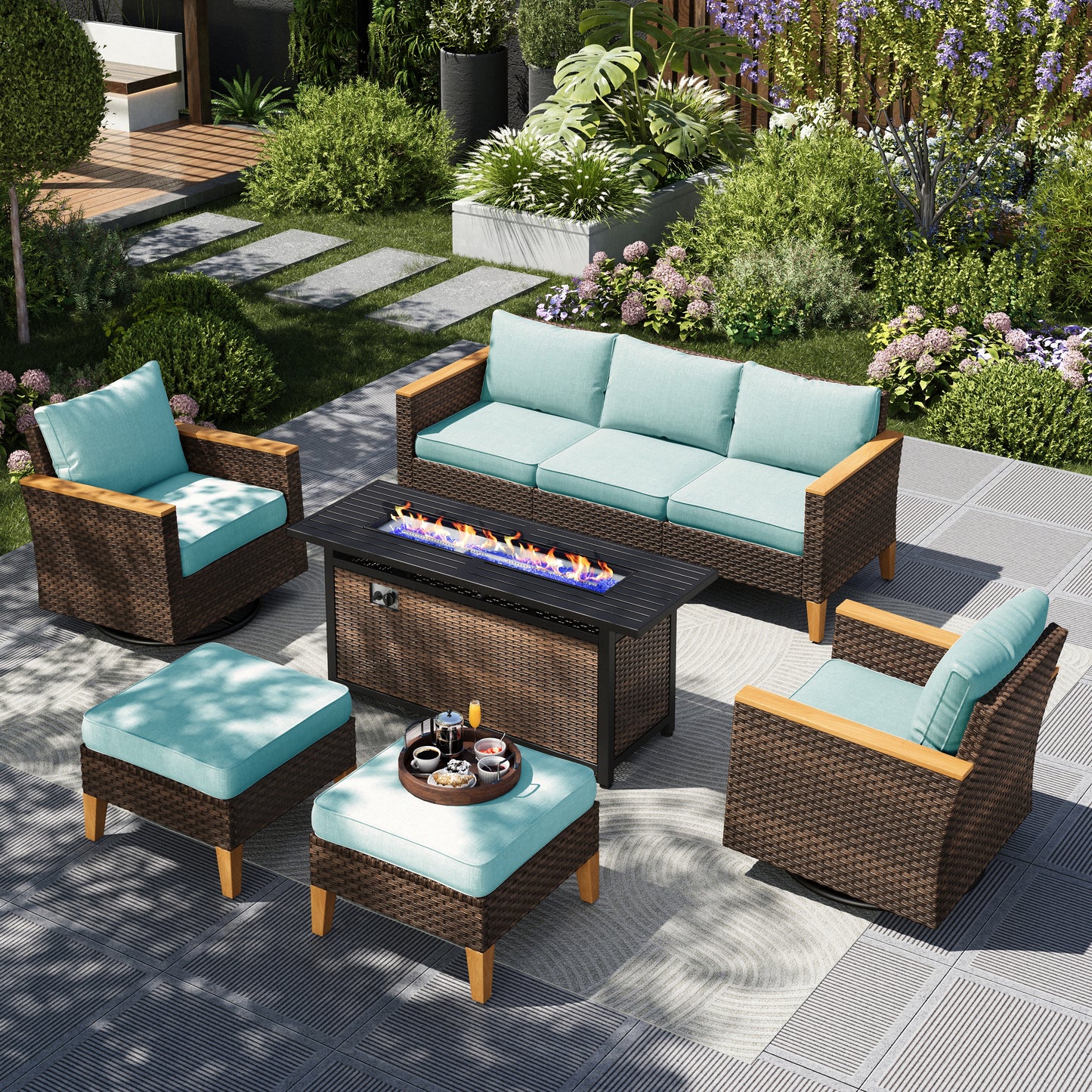 Captiva Designs 8pc Wicker Outdoor Patio Rattan Sectional Conversation Set with Fire Pit Table and Cushioned Ottoman