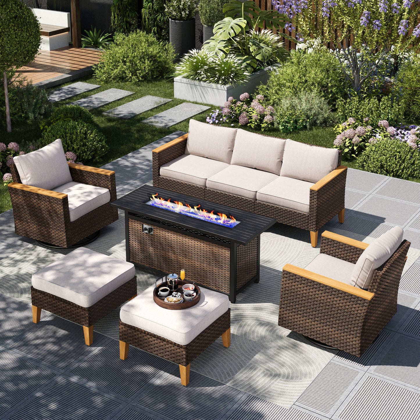 Captiva Designs 8pc Wicker Outdoor Patio Rattan Sectional Conversation Set with Fire Pit Table and Cushioned Ottoman