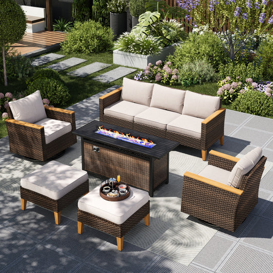 Captiva Designs 8pc Wicker Outdoor Patio Rattan Sectional Conversation Set with Fire Pit Table and Cushioned Ottoman