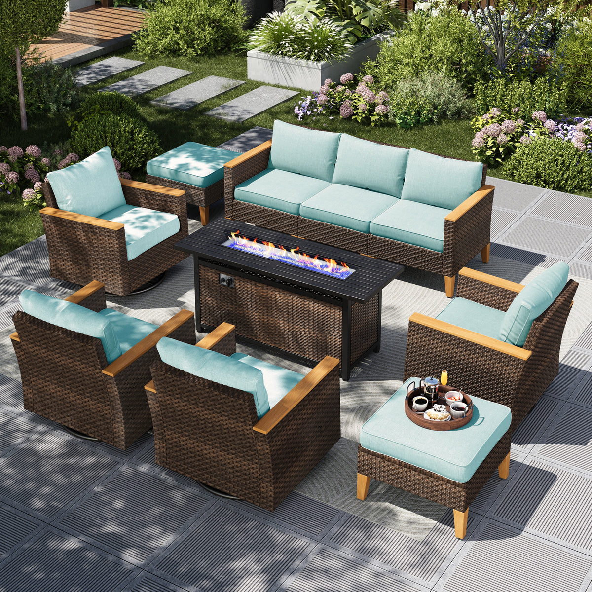 Captiva Designs 10pc Wicker Outdoor Patio Rattan Sectional Conversation Set with Fire Pit Table and Cushioned Ottoman