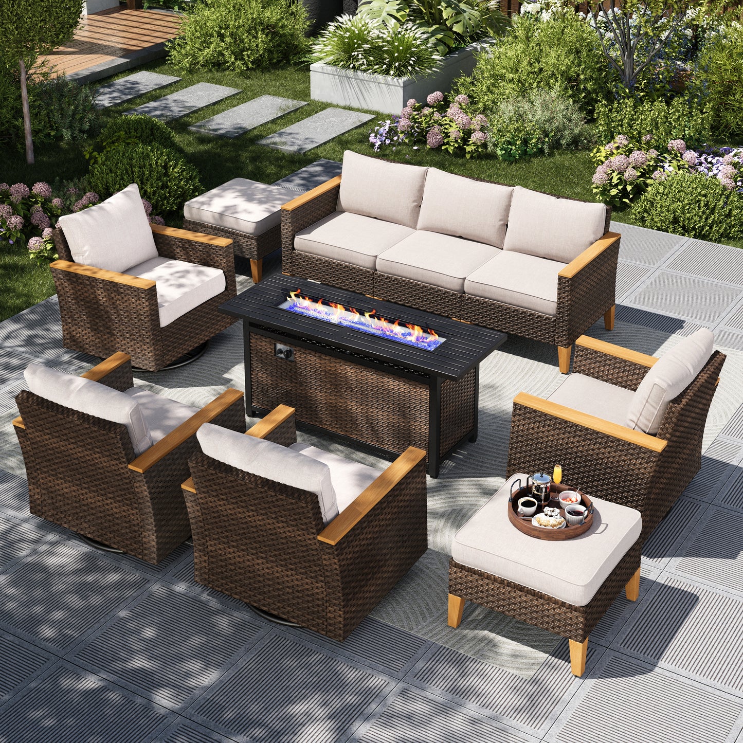 Captiva Designs 10pc Wicker Outdoor Patio Rattan Sectional Conversation Set with Fire Pit Table and Cushioned Ottoman