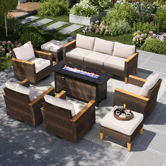 Captiva Designs 10pc Wicker Outdoor Patio Rattan Sectional Conversation Set with Fire Pit Table and Cushioned Ottoman