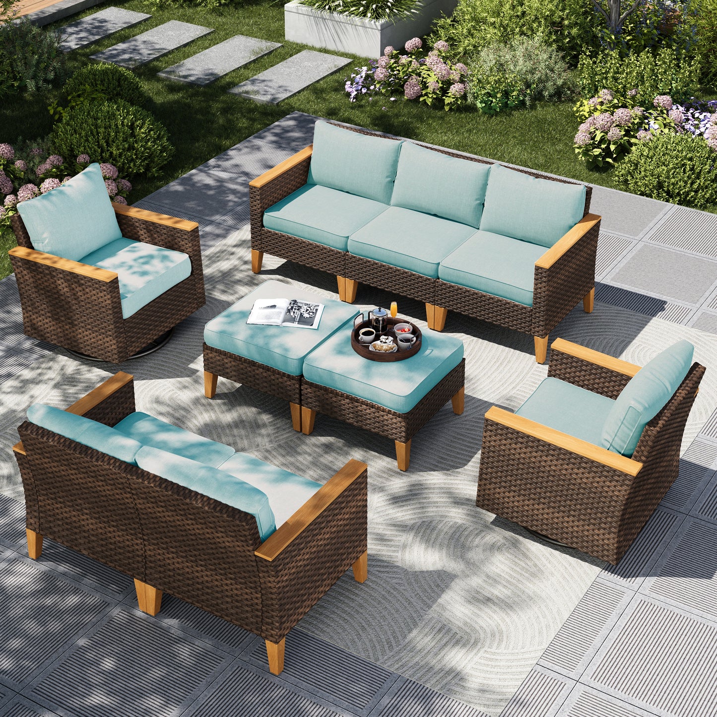 Captiva Designs 9pc Wicker Outdoor Patio Rattan Sectional Conversation Set with Cushioned Ottoman
