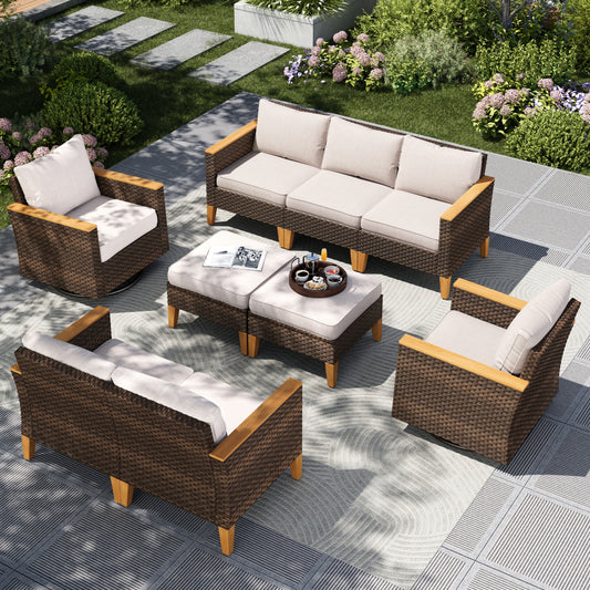 Captiva Designs 9pc Wicker Outdoor Patio Rattan Sectional Conversation Set with Cushioned Ottoman