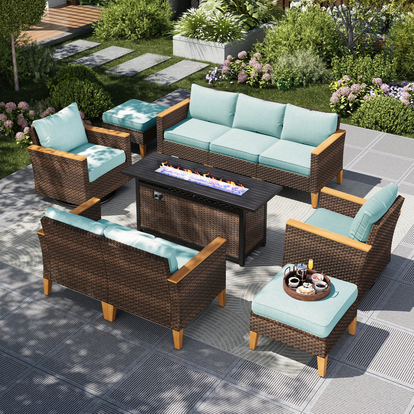 Captiva Designs 10pc Wicker Outdoor Patio Rattan Sectional Conversation Sofa Set with Fire Pit Table and Cushioned Ottoman